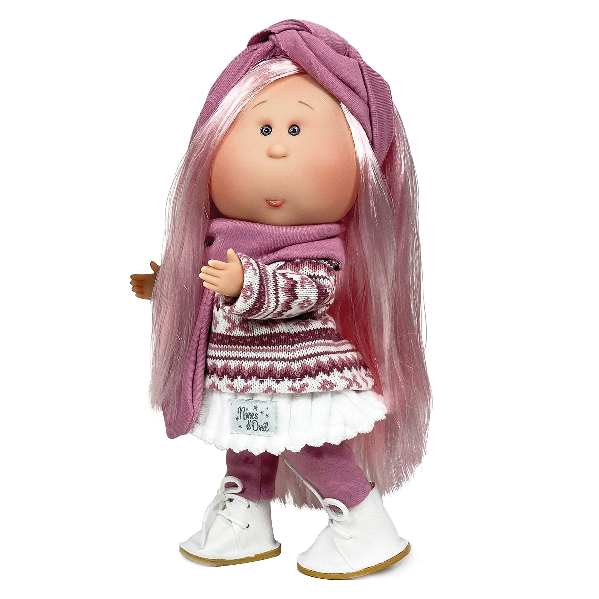 Papusa Nines D’Onil, Mia, cu parul roz si bentita, cu articulatii, cu miros de vanilie, 30 cm