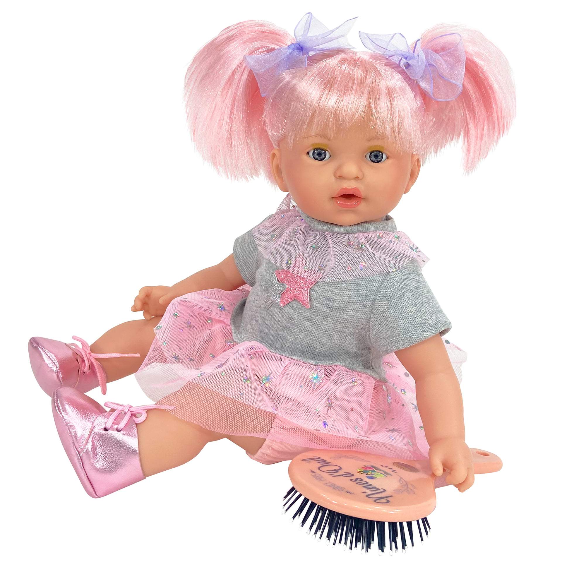 Papusa Nines D’Onil, Alex Star, cu parul roz, ambalata in cutie, cu miros de vanilie, 40 cm