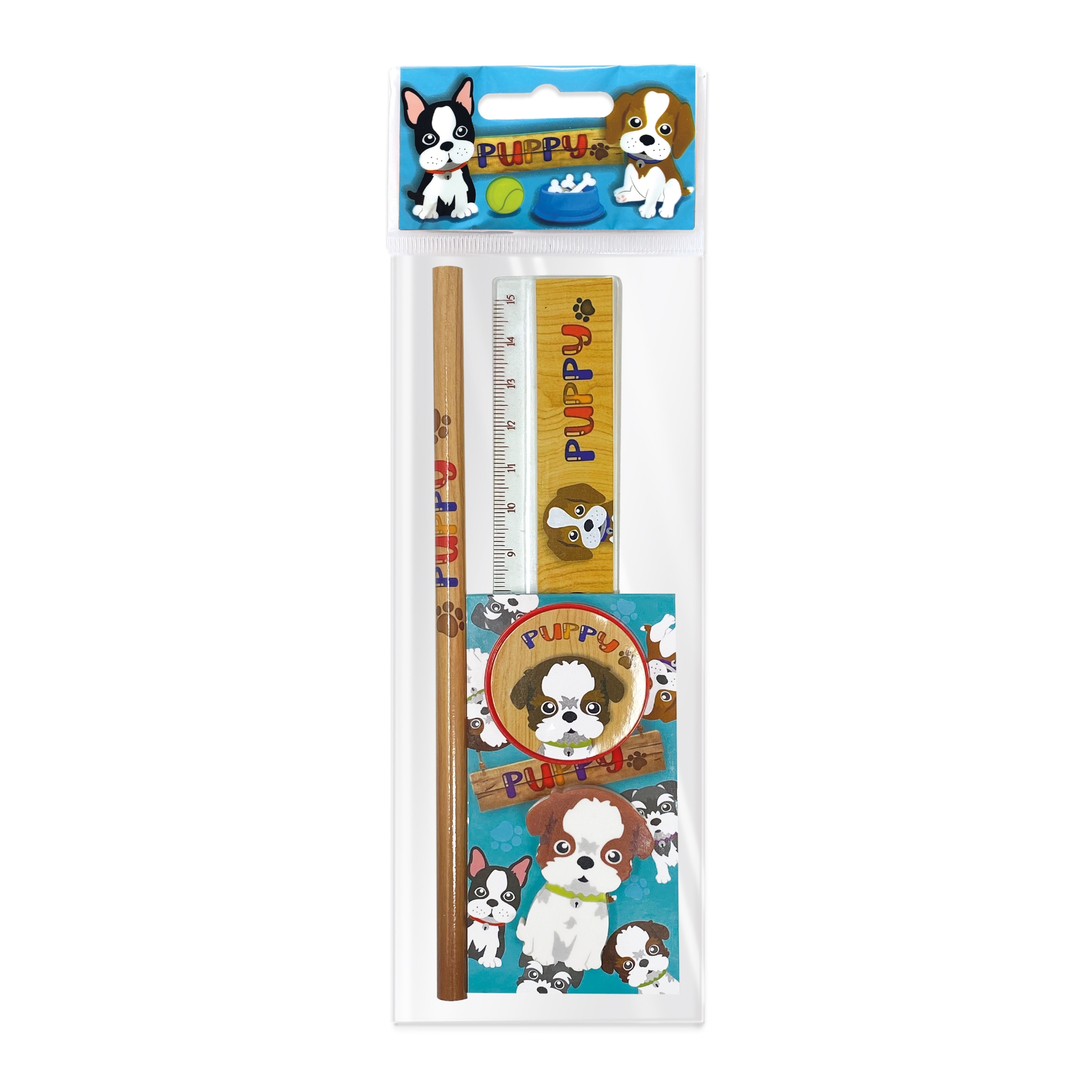 Set scolar Puppy (1 radiera, 1 ascutitoare, 1 rigla de 15 cm, 1 creion, 1 mini blocnotes)