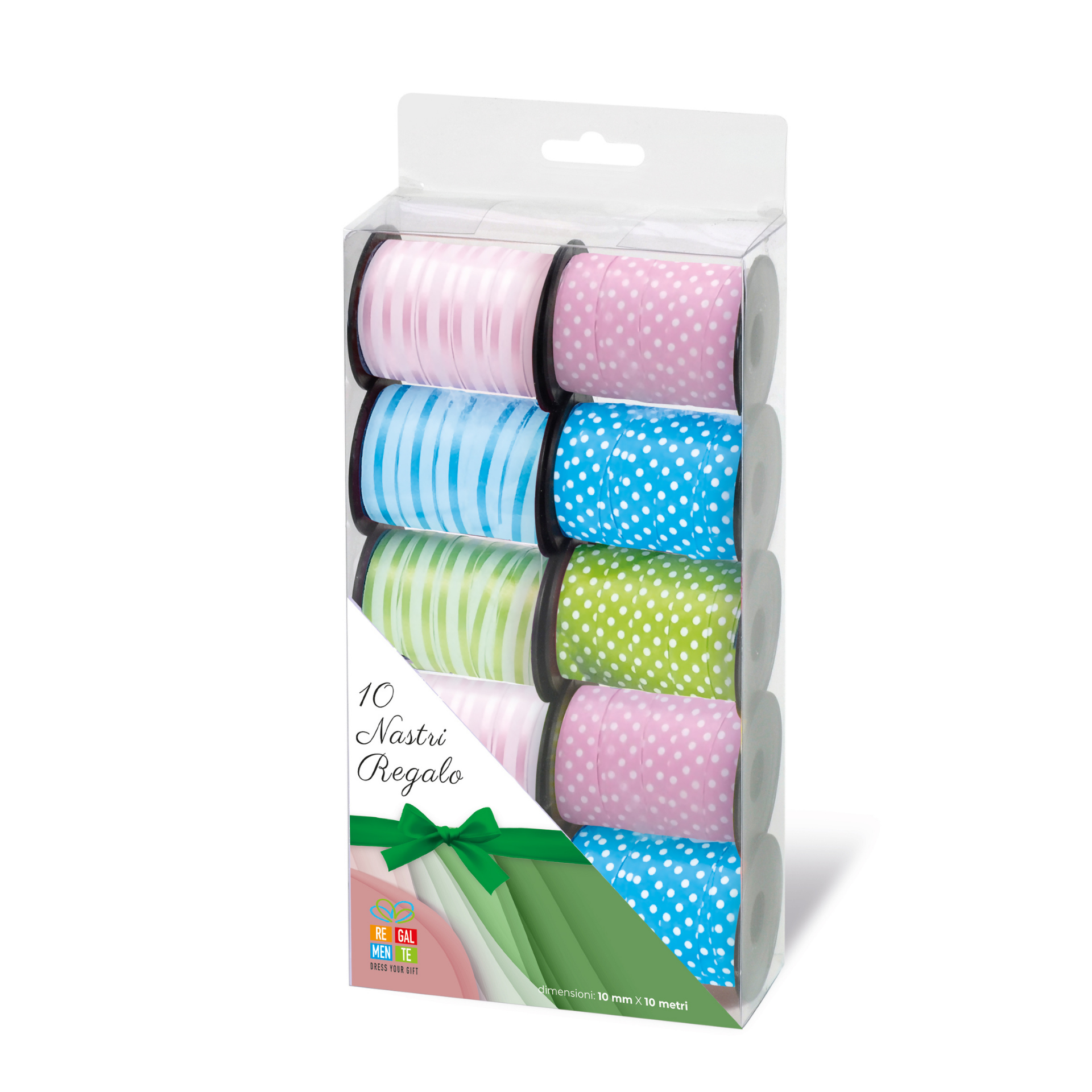 Panglica - cu dungi si buline, 10 mm x 10 metri (10 buc/cutie)