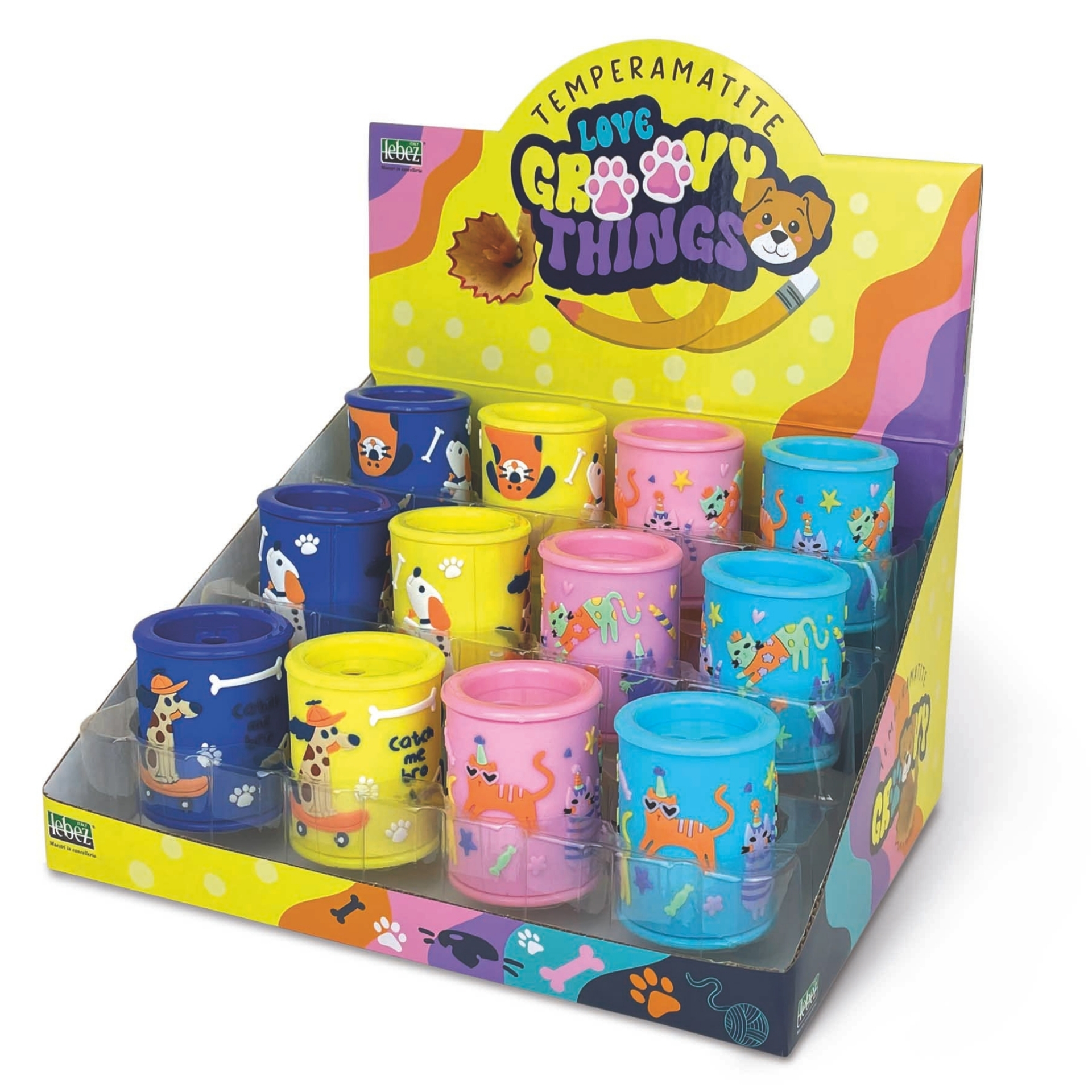 Ascutitoare de creion cu 2 gauri si container cu detalii tridimensionale Caini si Pisici, 4 modele (12 buc/display)