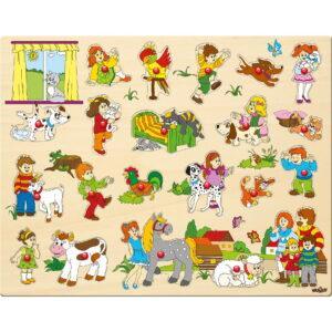 Puzzle din lemn cu butoni - Copii si animale (21 piese)