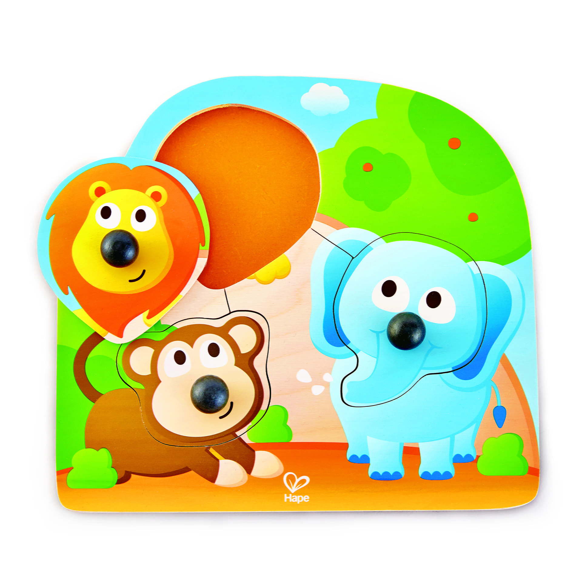 Puzzle din lemn cu butoni – Animale din Jungla cu nas mare
