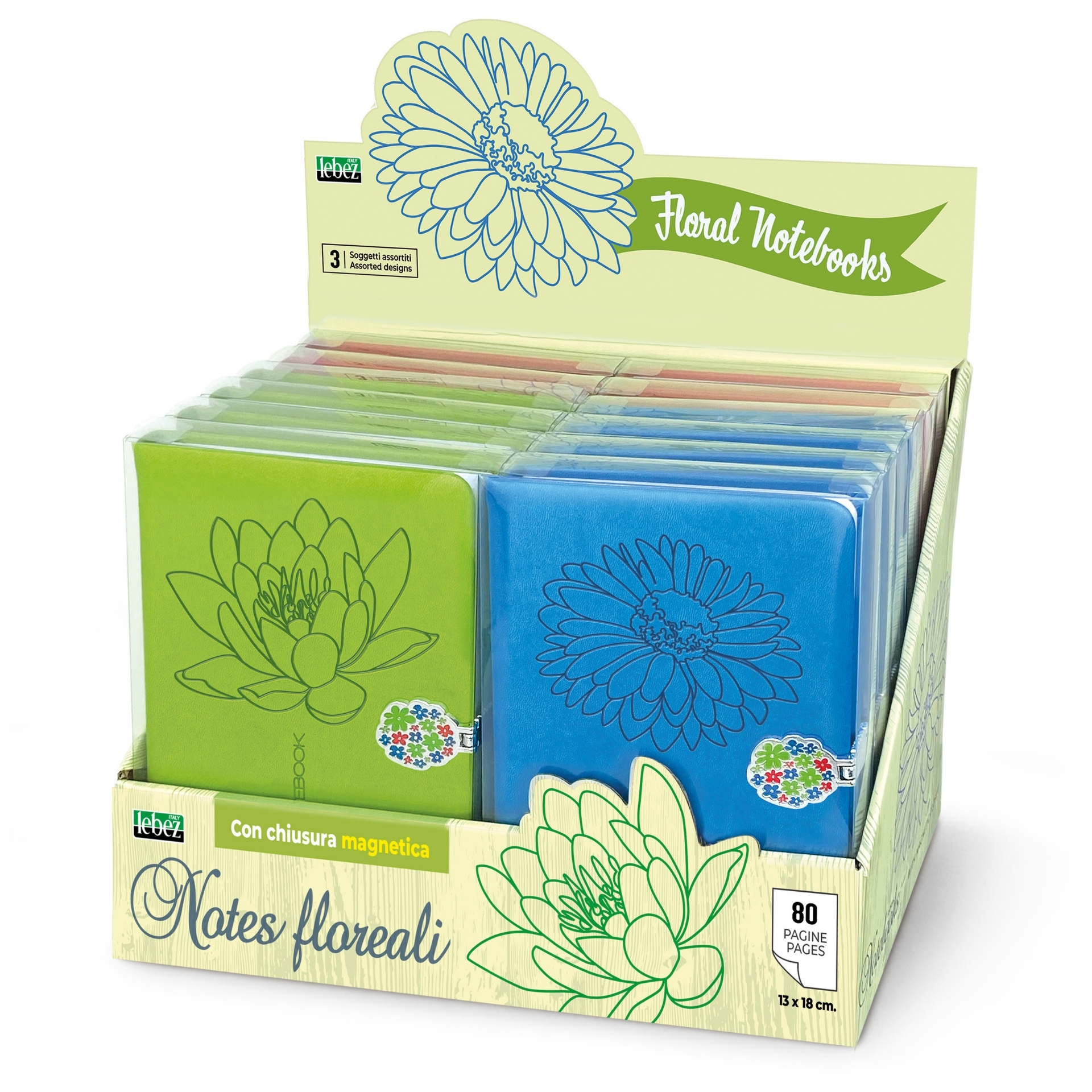 Notebook Floral, cu inchidere magnetica, 13 × 18 cm cu coperta PU, 3 modele asortate (12 buc/display)