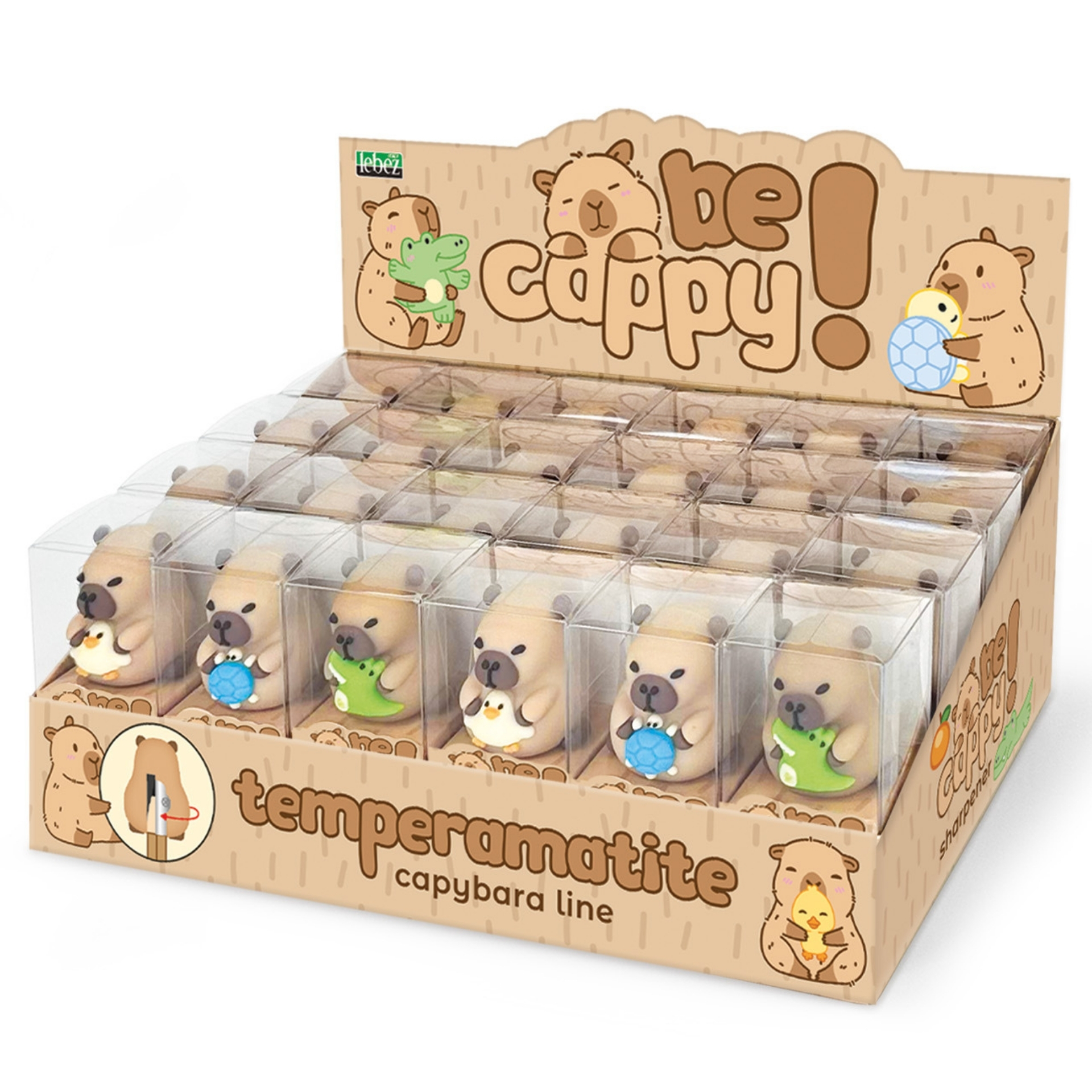 Ascutitoare de creion cu o gaura BeCappy Capibara – din plastic moale, 3 modele asortate (24 buc/display)