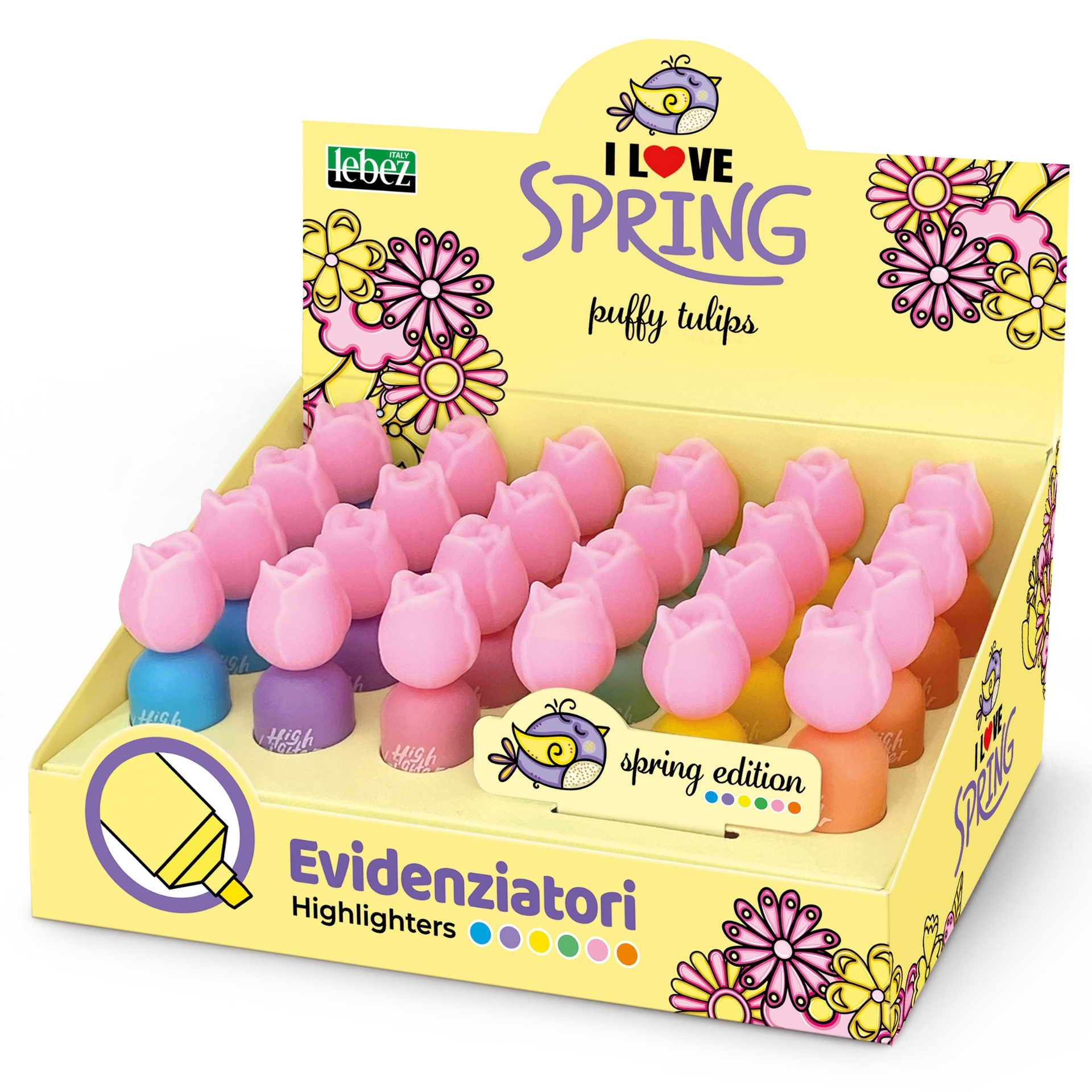 Mini evidenziatori Puffy Tulips, 6 culori pastel asortate (24 buc/display)