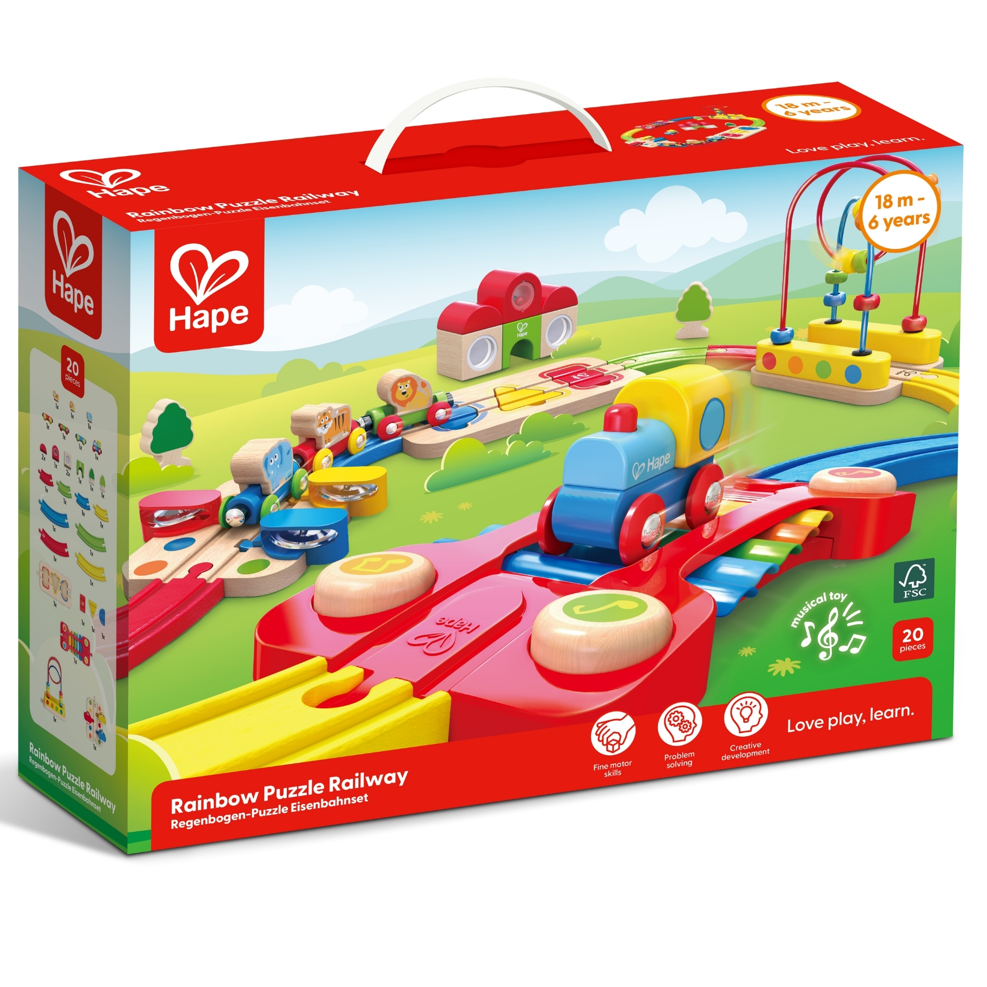 Jucarie din lemn - Sina de tren curcubeu cu puzzle (30 piese)