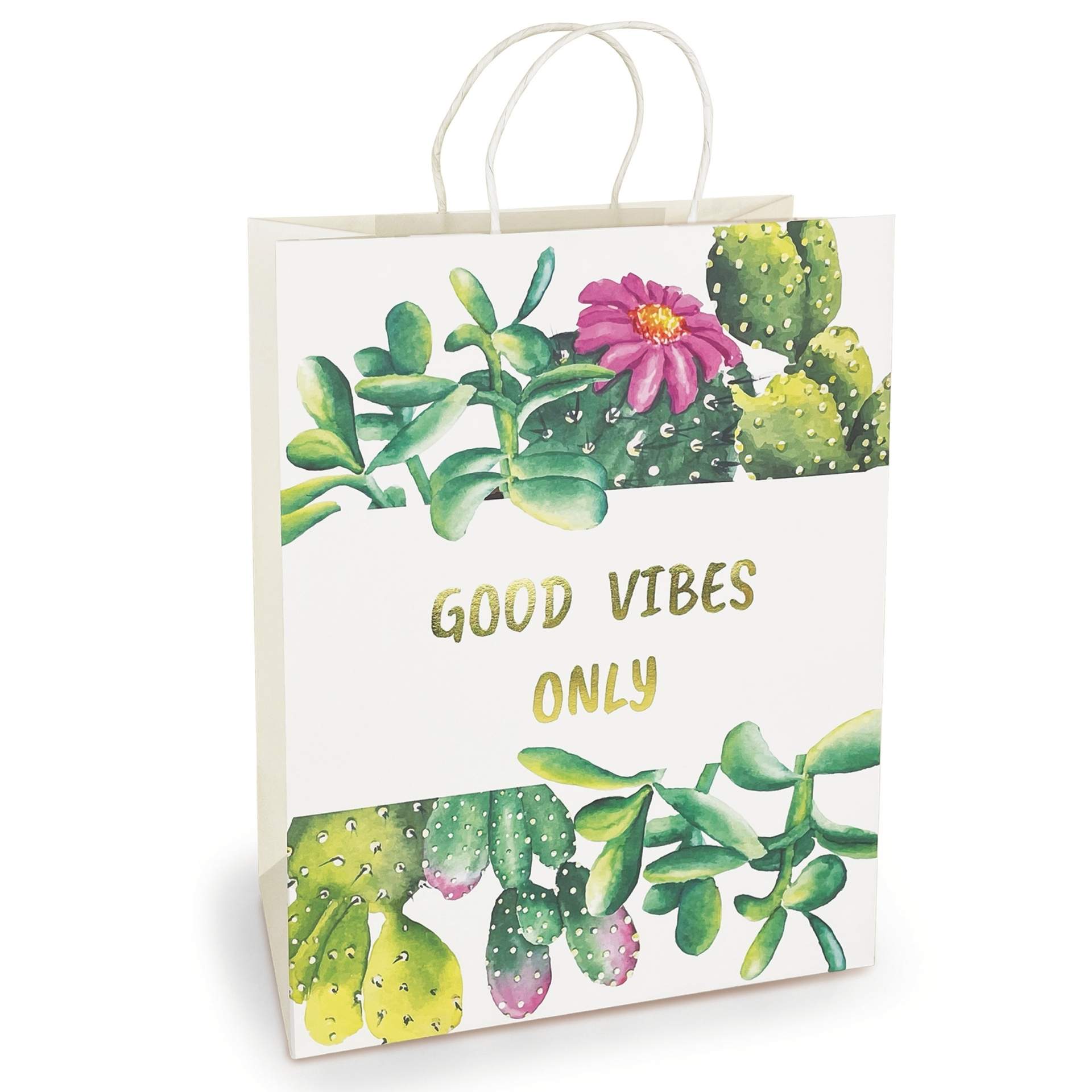 Sacosa Good Vibes Only, din hartie cu maner de hartie rasucit, 17.8 x 23 x 9.8 cm (20 buc/display)