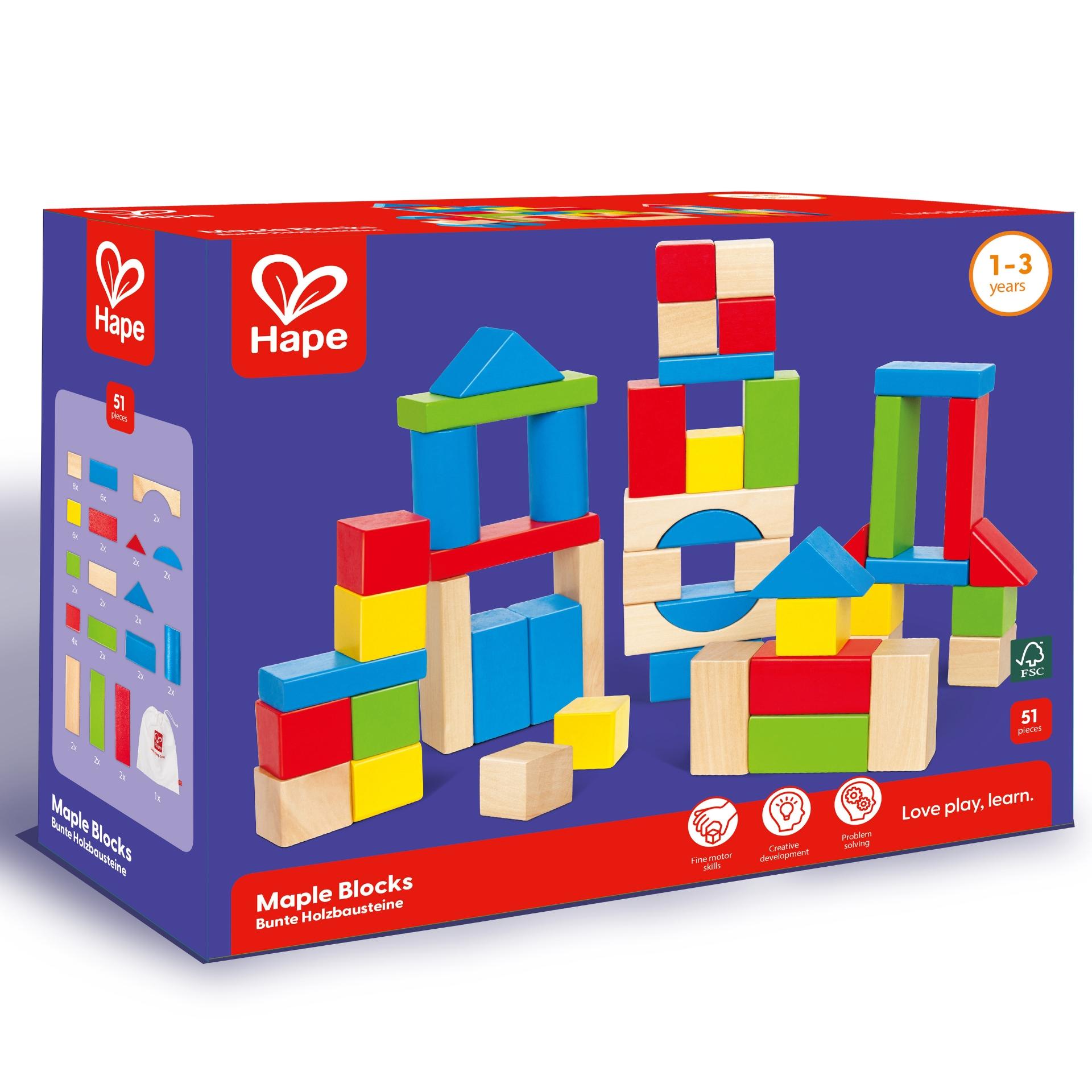 Cuburi din lemn de construit colorate (50 piese)