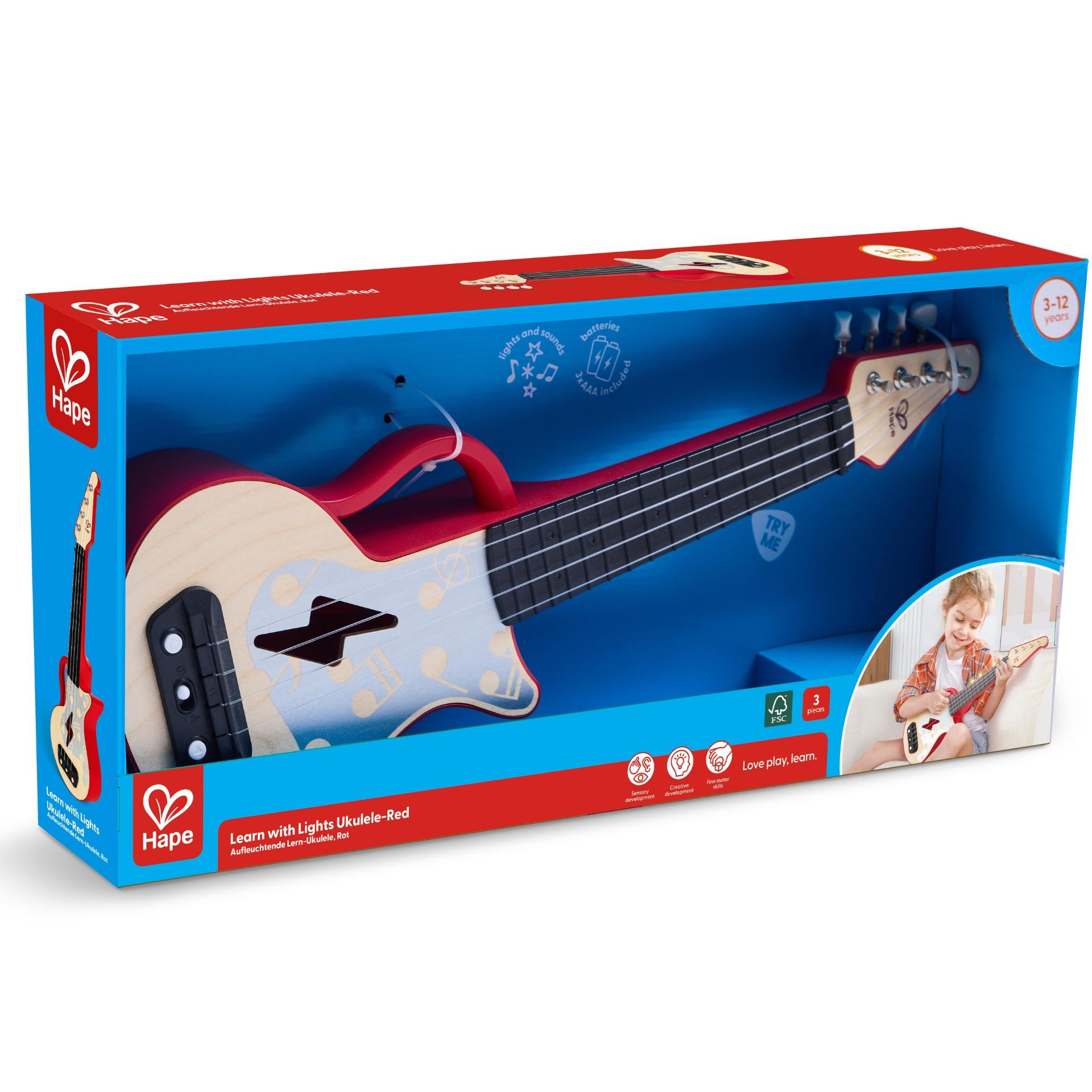 Jucarie din lemn – Instrument Ukulele (chitara) rosu – invata sa canti cu lumini