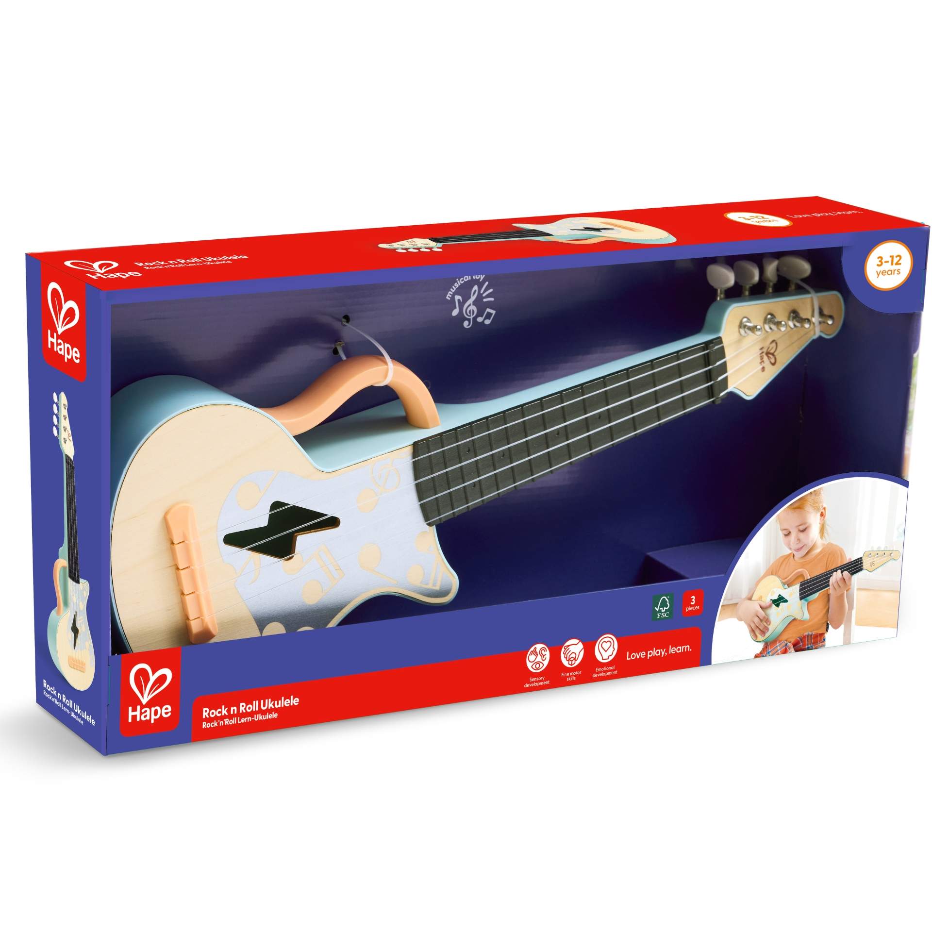 Jucarie din lemn – Instrument Ukulele (chitara) alba copii – invata sa canti cu lumini