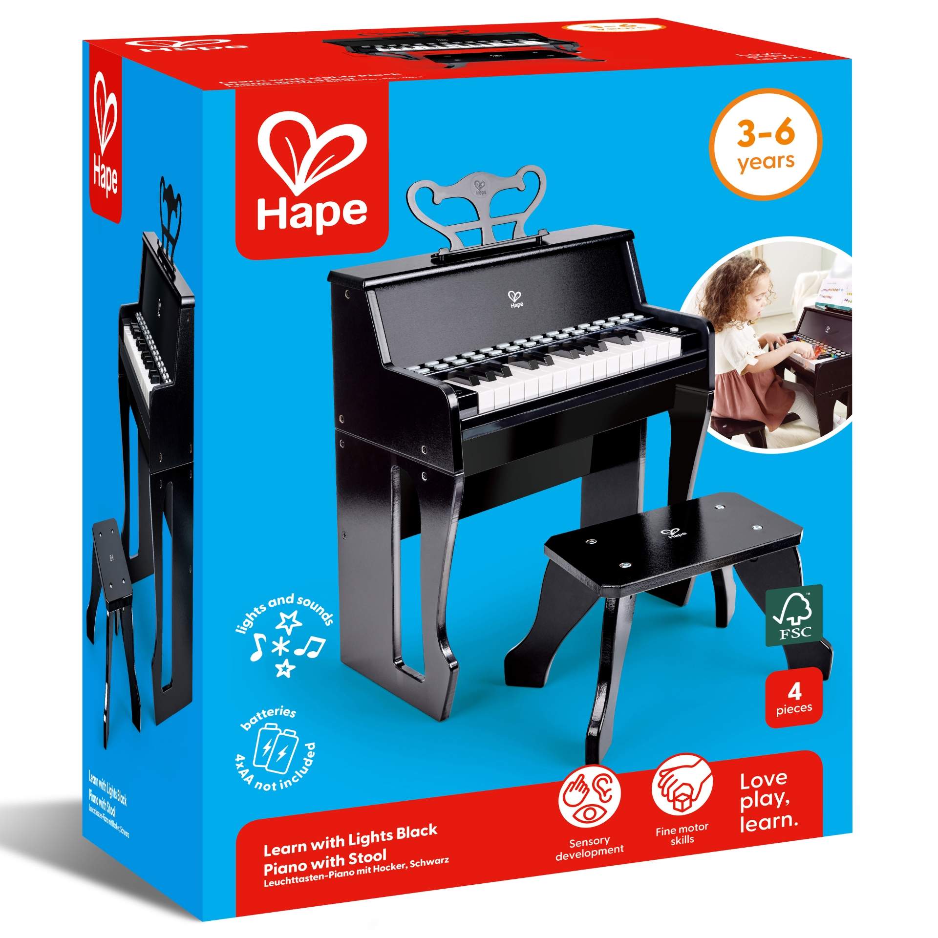 Jucarie din lemn copii - Pian negru cu scaun - invat sa cant cu lumini