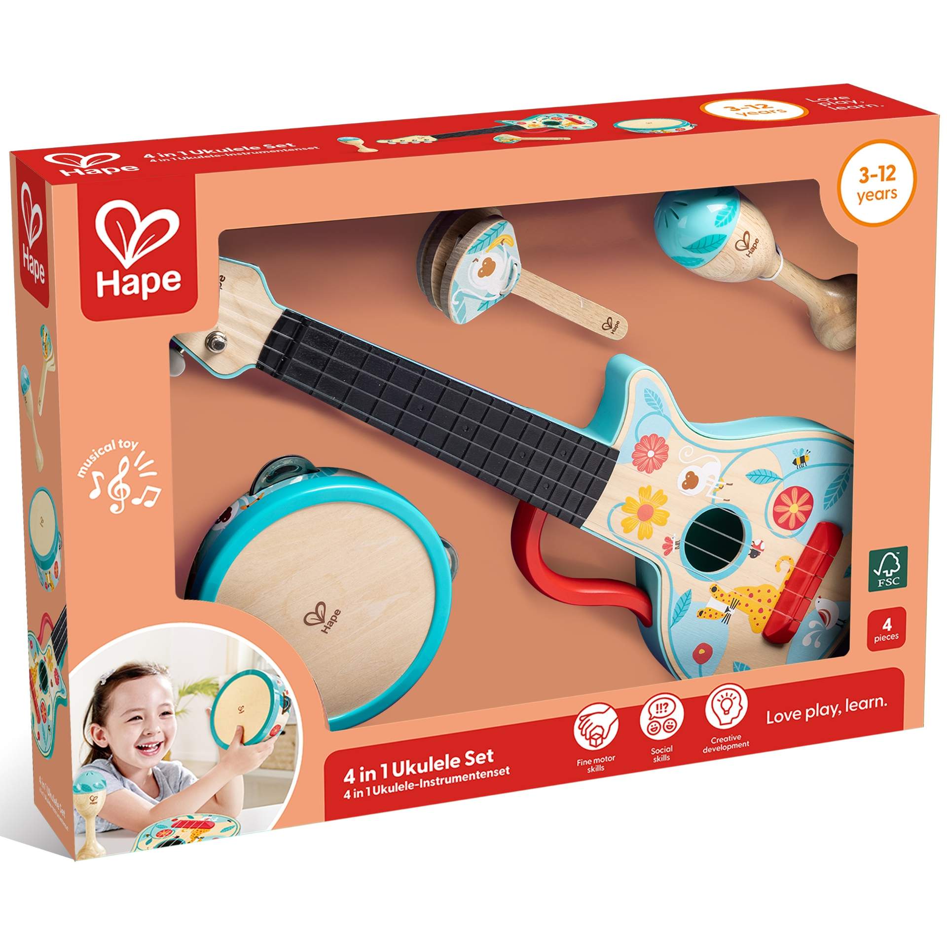Jucarie din lemn - Set de ukulele 4 in 1 pentru copii