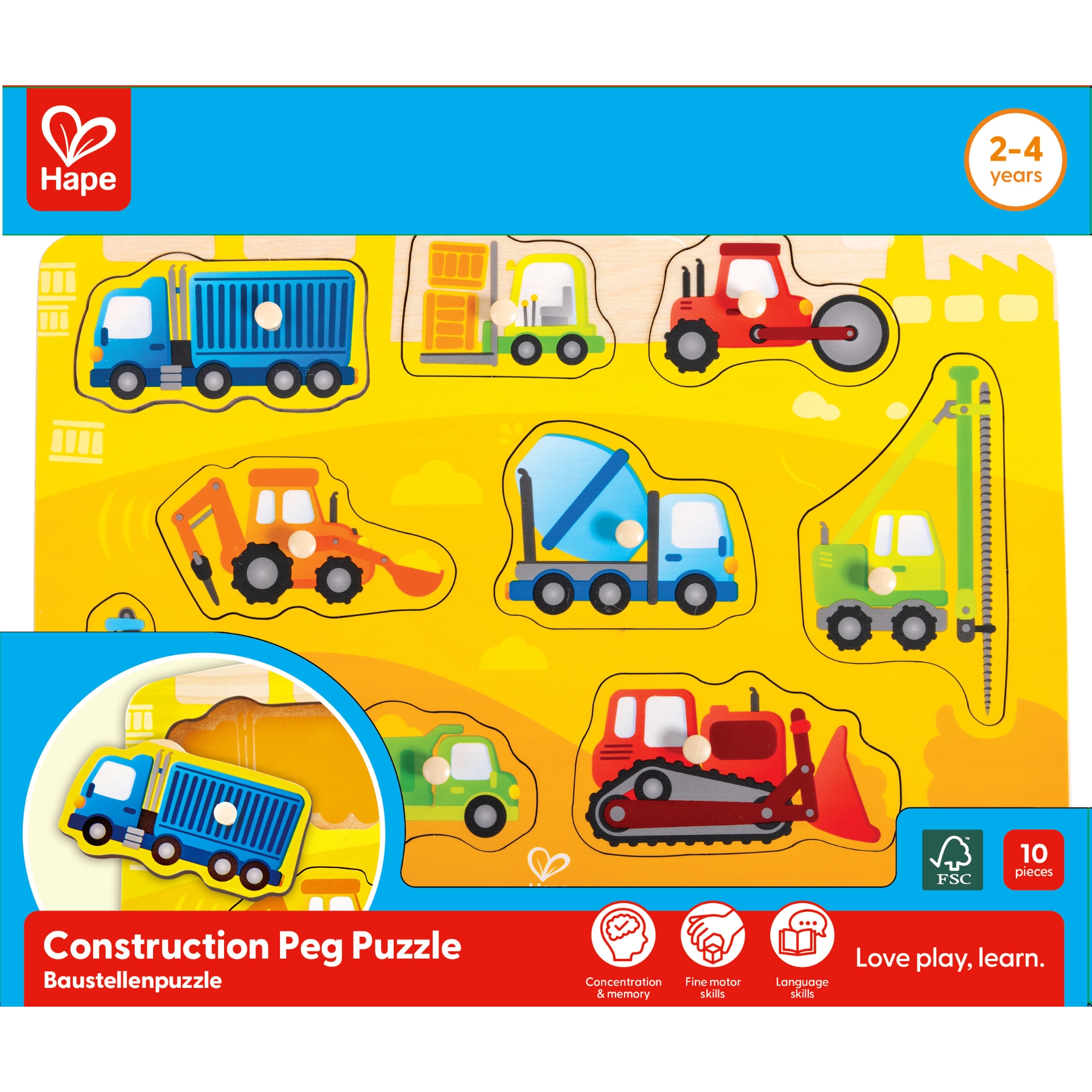 Puzzle din lemn cu butoni – Autovehicule de constructie
