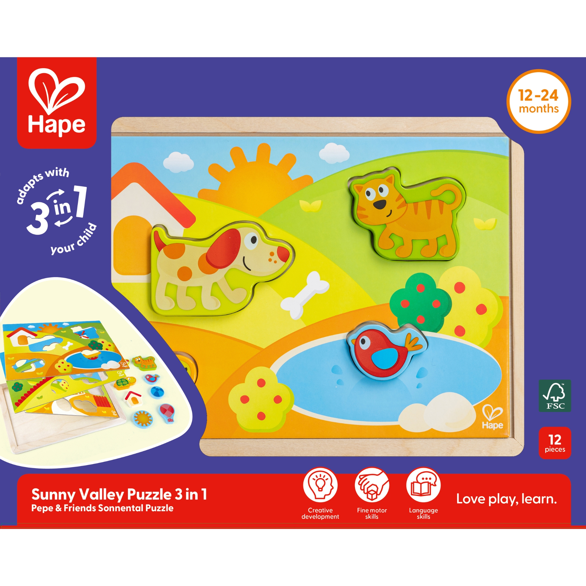 Puzzle din lemn 3 in 1 – Pepe si prietenii
