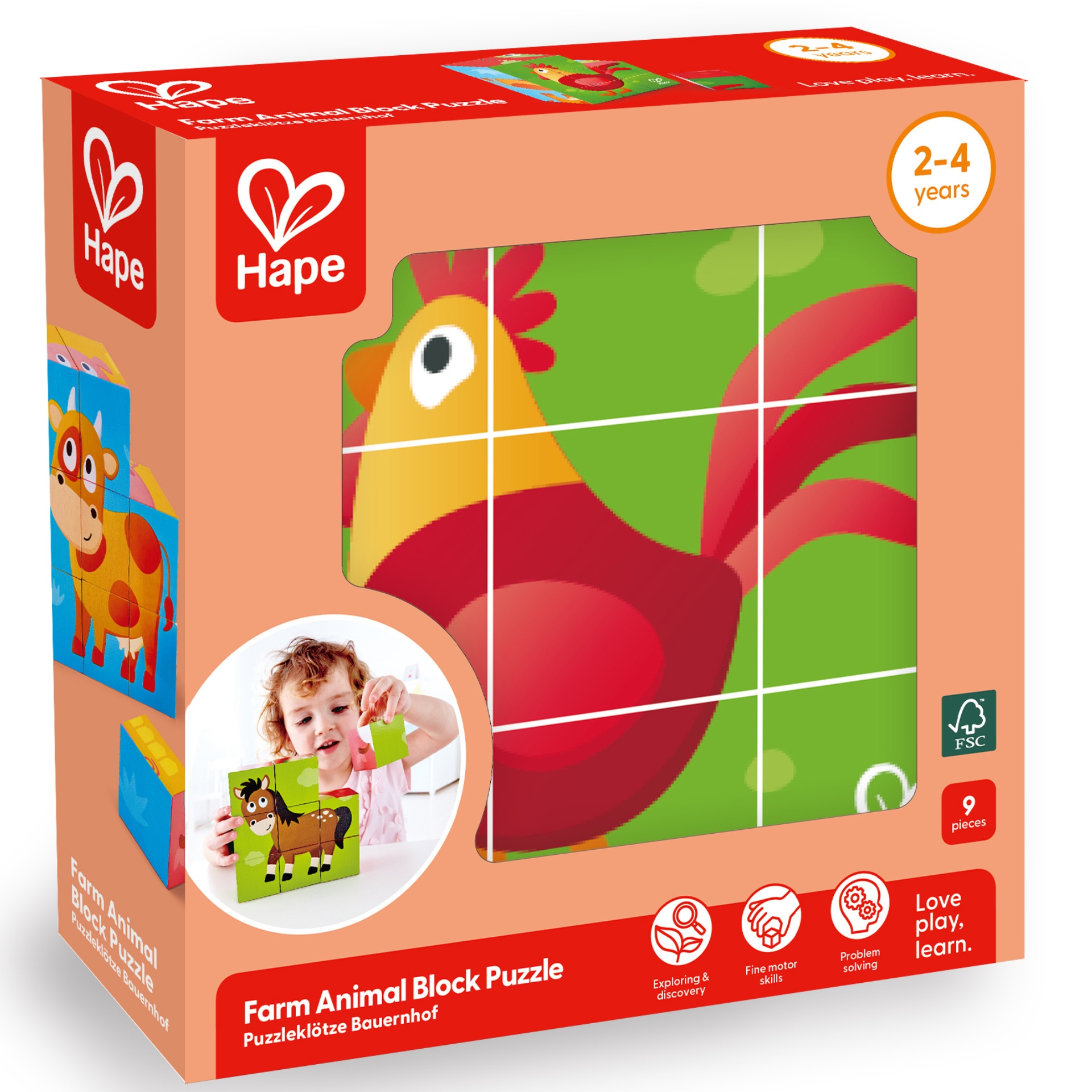 Puzzle din lemn cuburi – Animale de la ferma 3 x 3