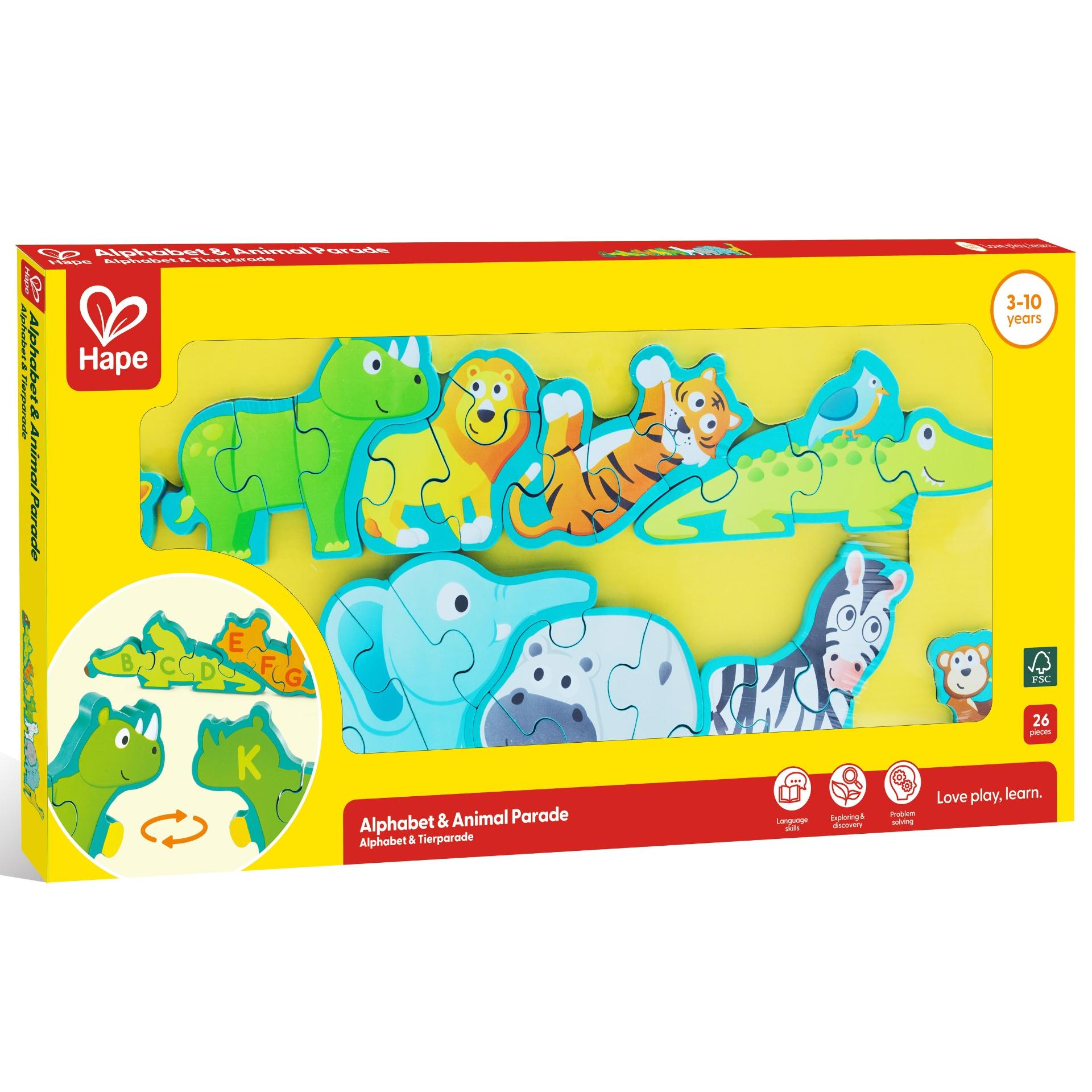 Puzzle din lemn pentru copii cu litere si animale salbatice