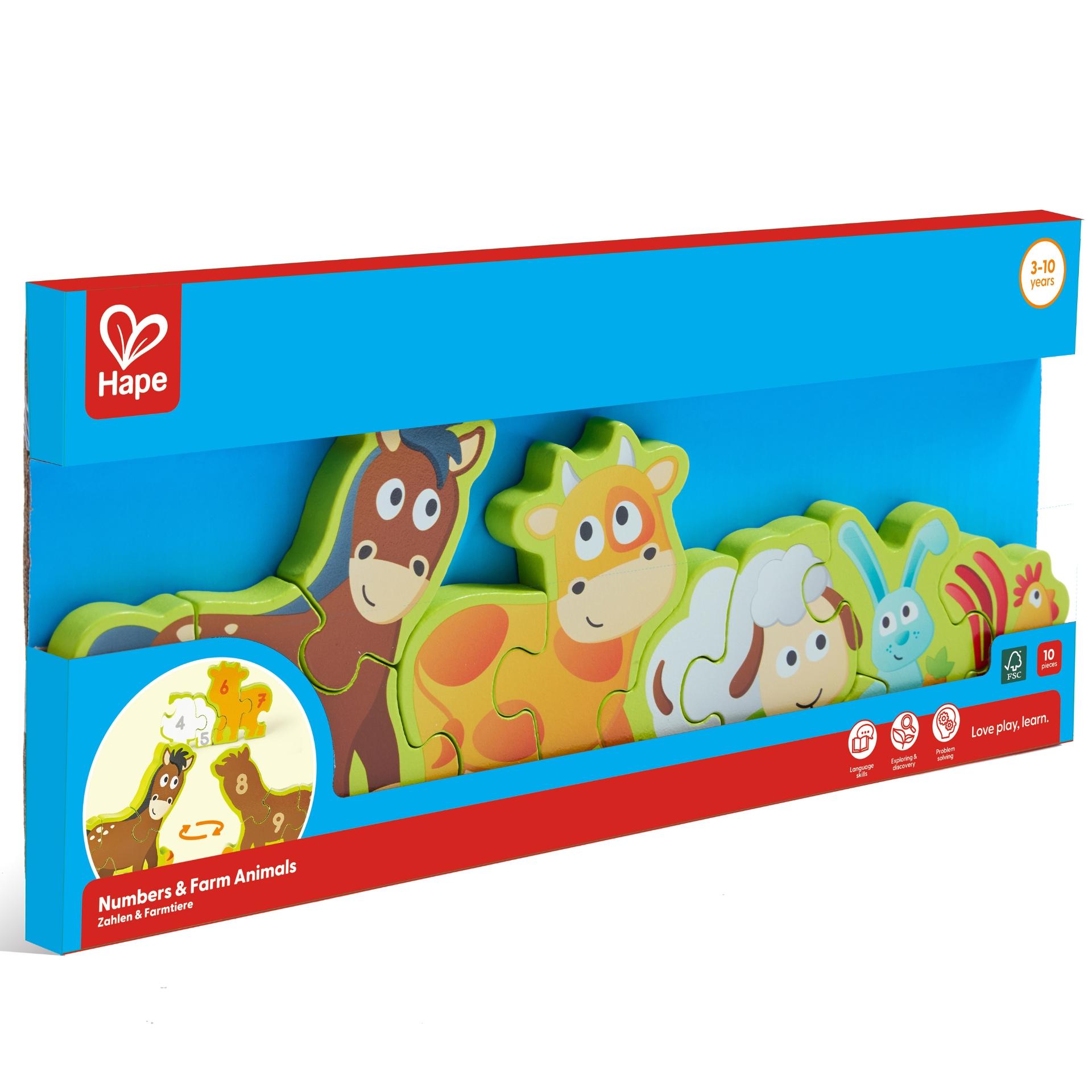 Puzzle din lemn pentru copii cu numere si animale de la ferma