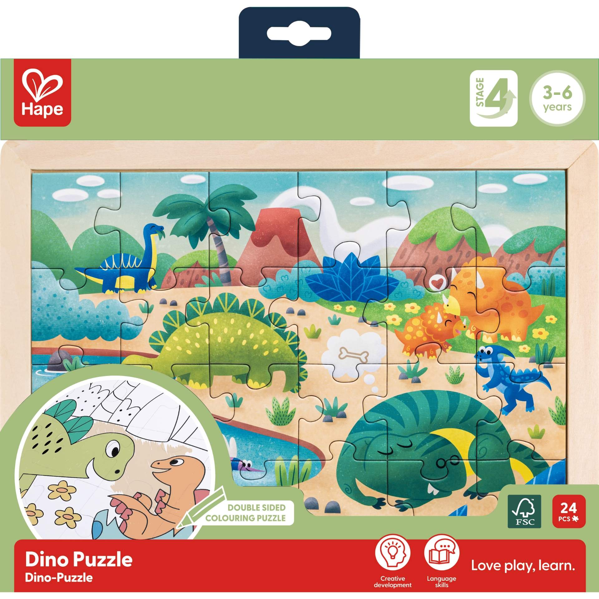 Puzzle din lemn 2 in 1 - Dinozauri (26 piese), cu fata dubla si activitate colorare