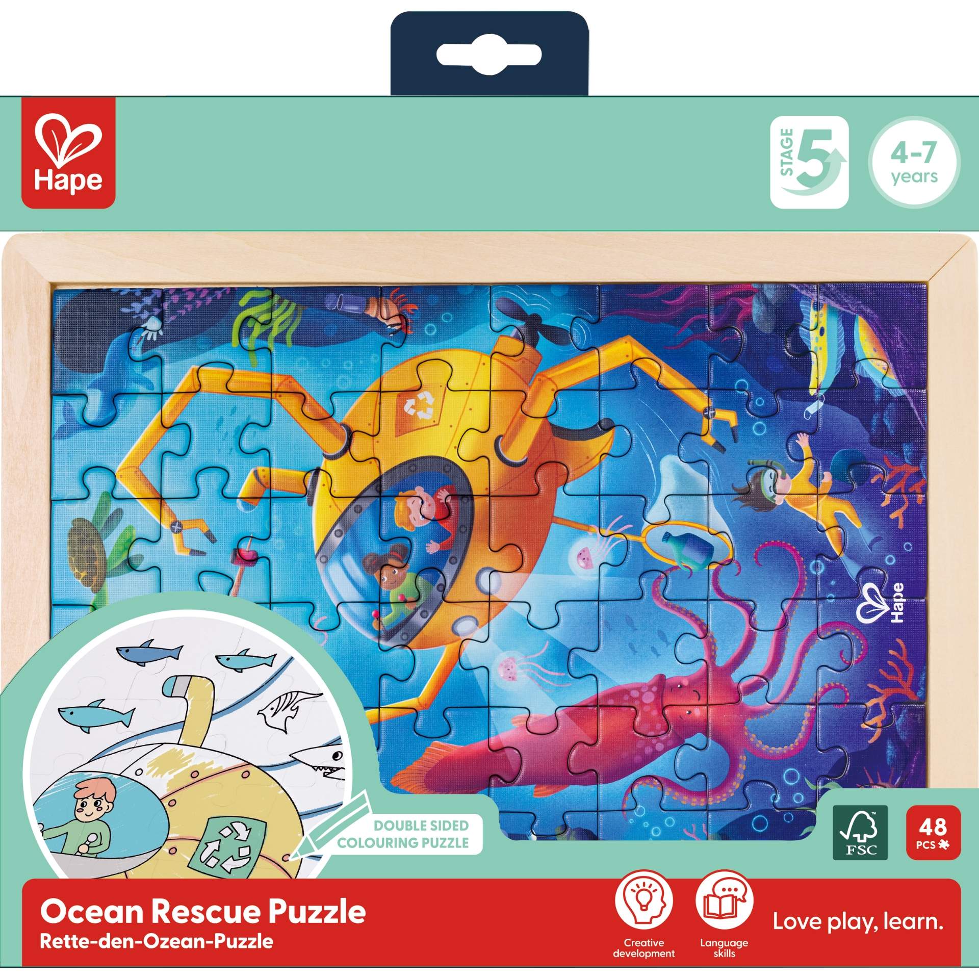 Puzzle din lemn 2 in 1 - Salvarea Oceanului (50 piese), cu fata dubla si activitate colorare