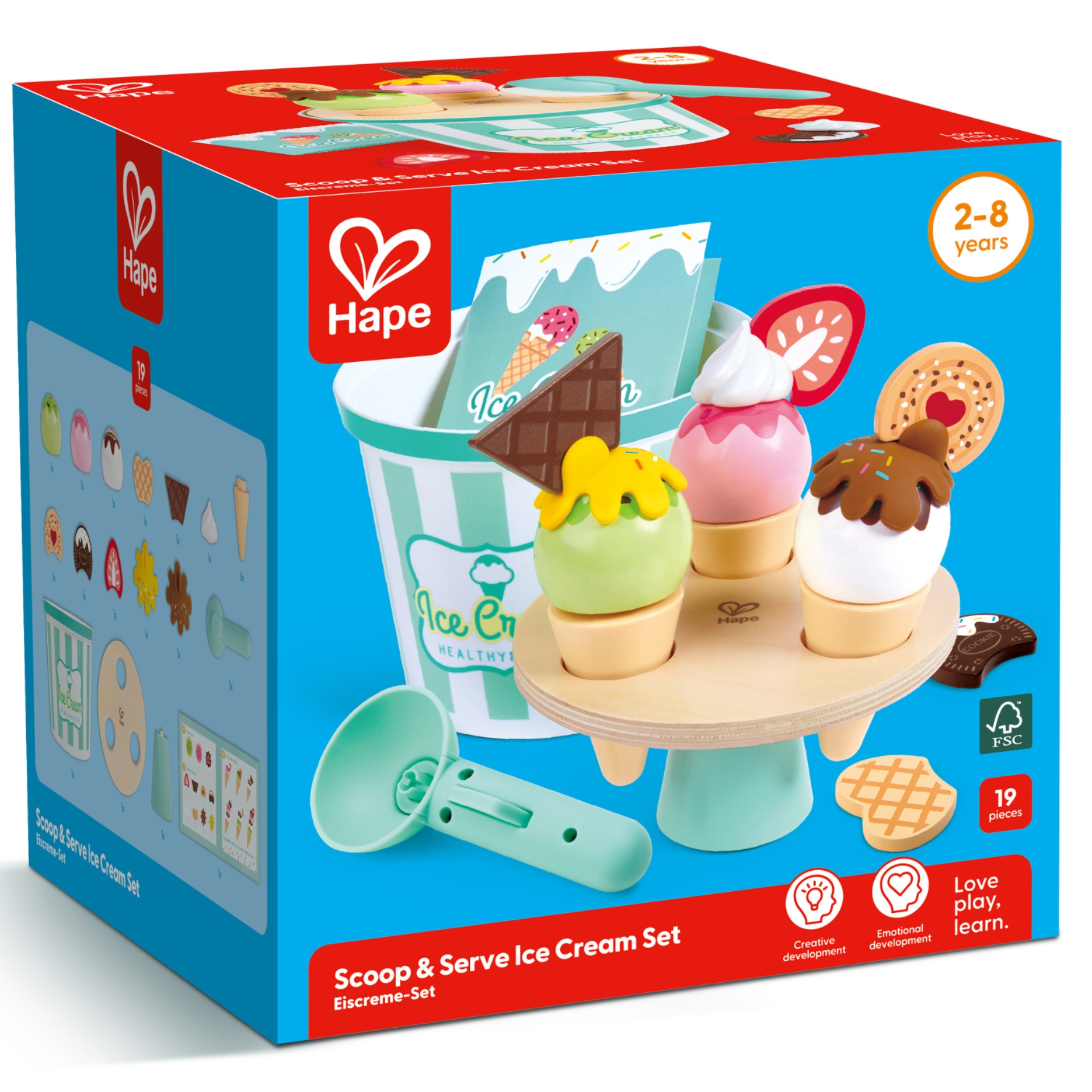Jucarie din lemn – Set de inghetata pentru scoatere si servire (19 piese)