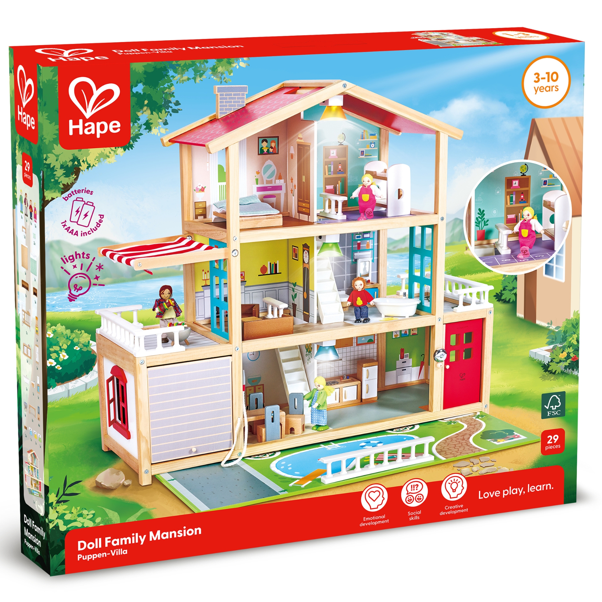 Jucarie din lemn – Casa de papusi mobilata tip vila (29 piese)