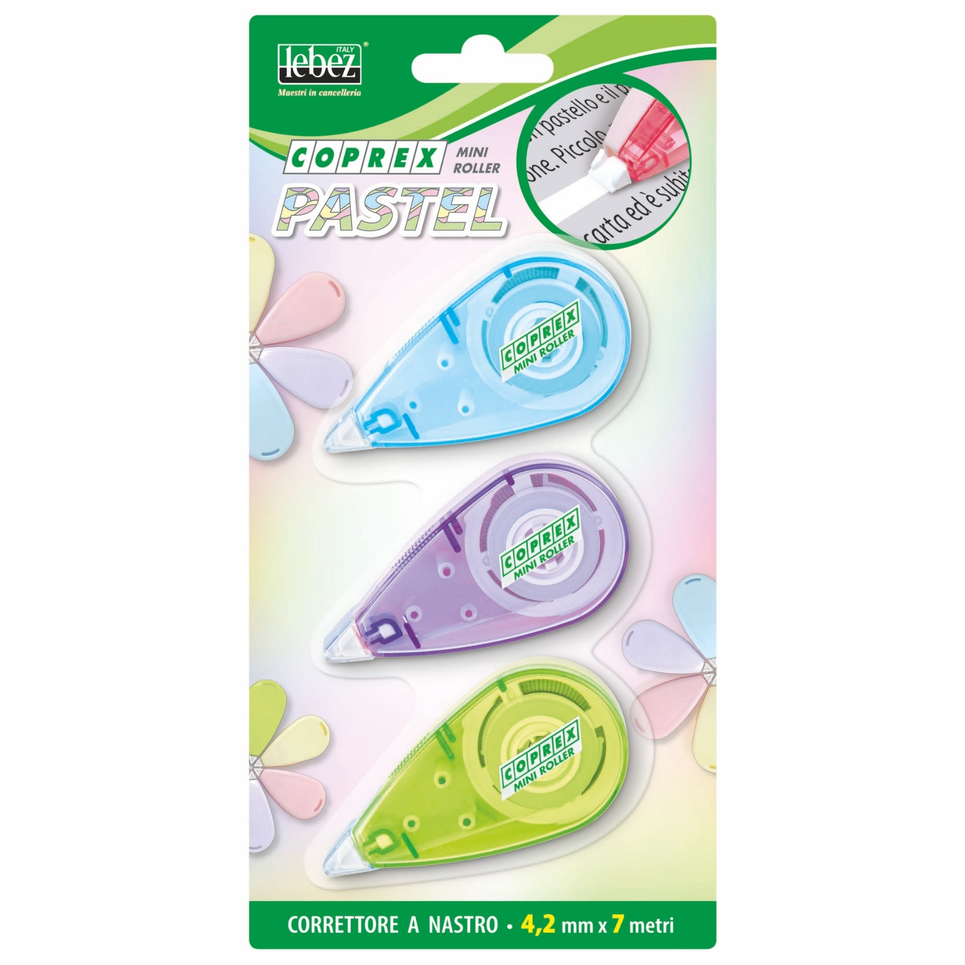 Mini corector cu banda 4.2 mm x 7 m Pastel – blister 3 buc